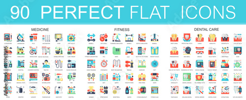 180 vector complex flat icons concept symbols of medicine, sport fitness, dental care. Web infographic icon design.