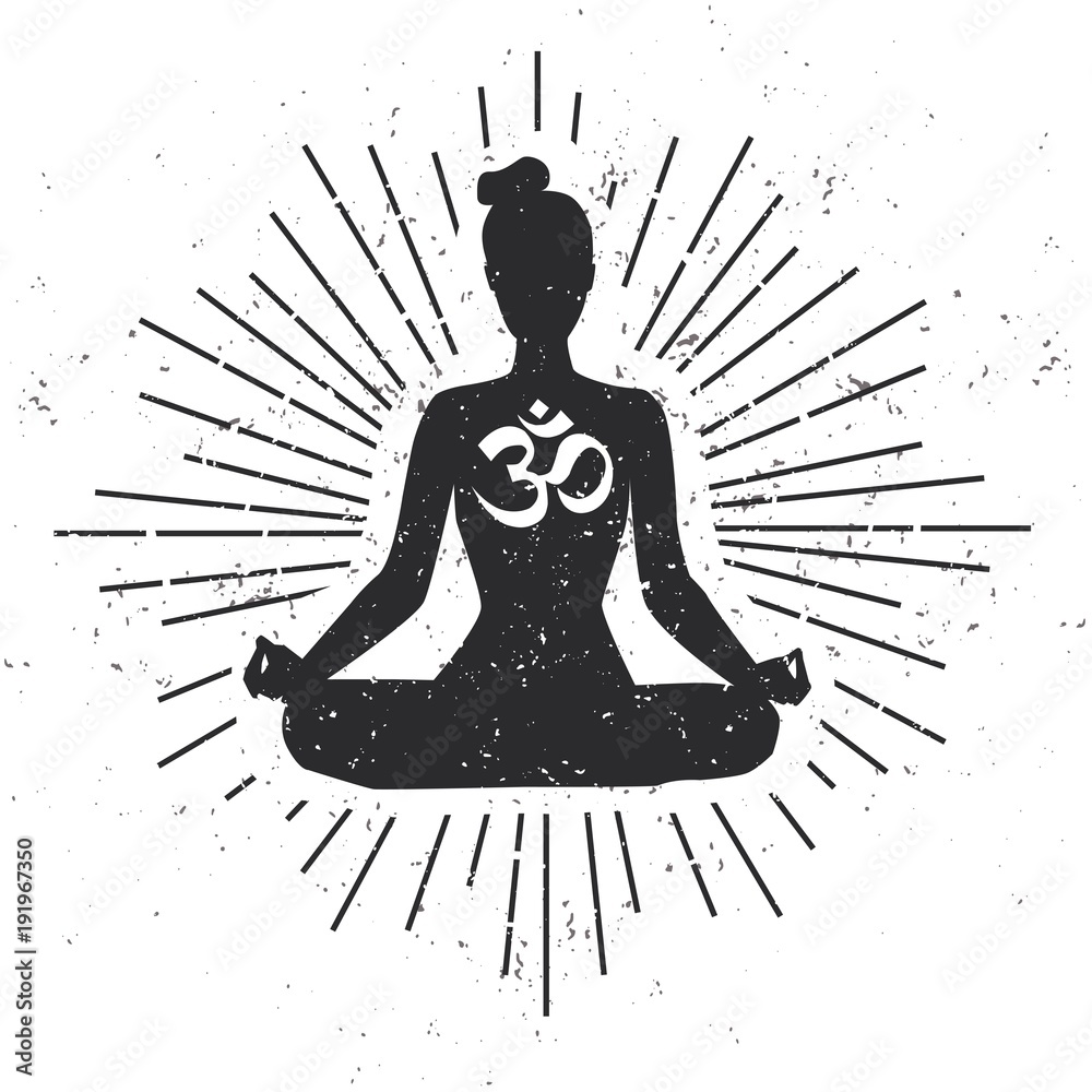 Vector illustration with meditating woman in lotus yoga pose with