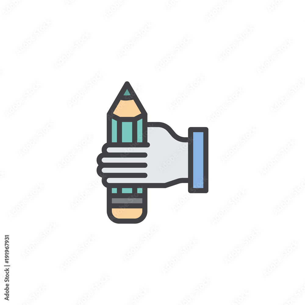 Obraz premium Pencil in hand filled outline icon, line vector sign, linear colorful pictogram isolated on white. Hand holding pen symbol, logo illustration. Pixel perfect vector graphics