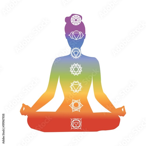 Vector silhouette of yoga woman with chakra symbols. Rainbow colorful gradienet. Isolated female figure on white background. Meditation in lotus position - Padmasana.