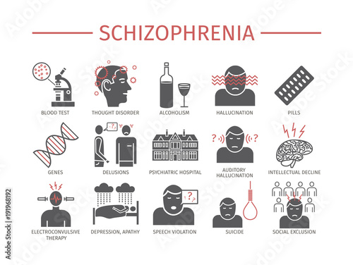 Schizophrenia. Symptoms, Treatment. Icons set. Vector signs for web graphics.