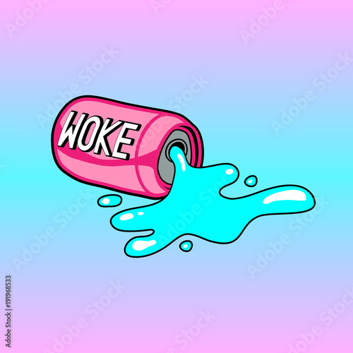 Sparkling soda water can spills liquid. Canned beverage with word "Woke" on it (carbonated drink).