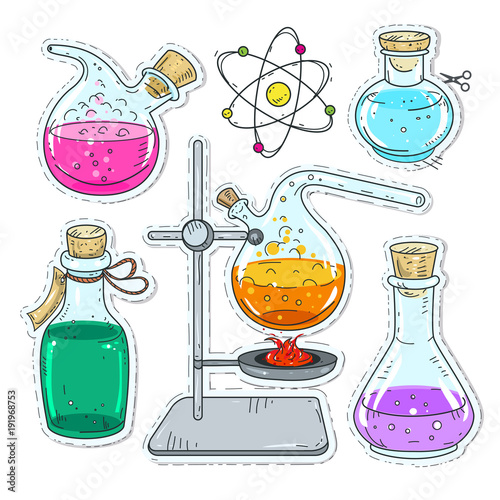 set of various devices for chemical experiments, multicolored jars and flasks