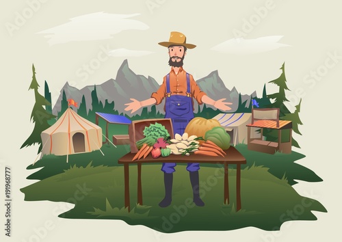 Farmer's market, village fair. A man standing behind a counter with fresh vegetables grown on the farm. Isolated vector illustration.