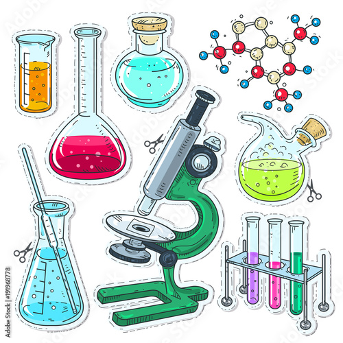 set of various devices for chemical experiments, microscope, flasks, test tubes