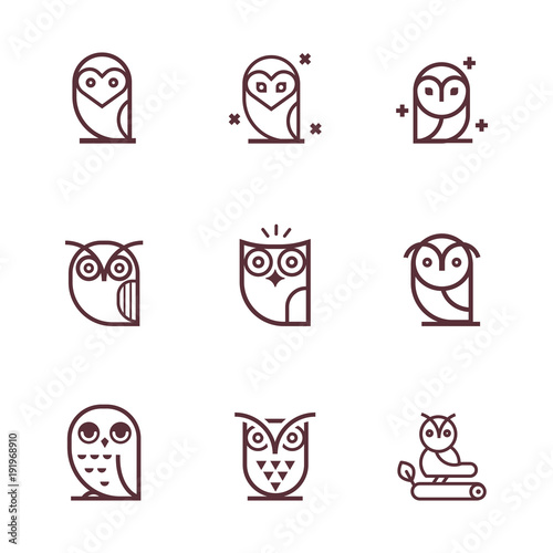 Owl outline icons collection. Set of outline owls and emblems design elements for schools, educational signs. Unique illustration for design.