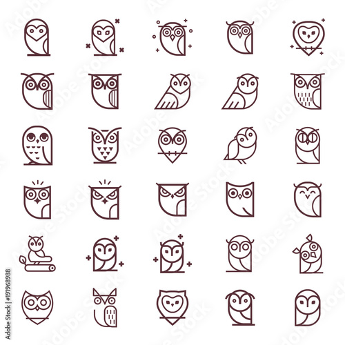 Owl outline icons collection. Set of outline owls and emblems design elements for schools, educational signs. Unique illustration for design. photo