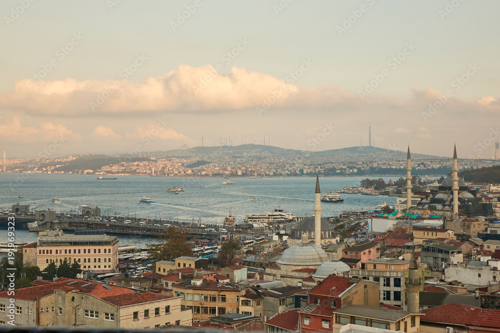 Aerial view of the golden horn and the galata bridge