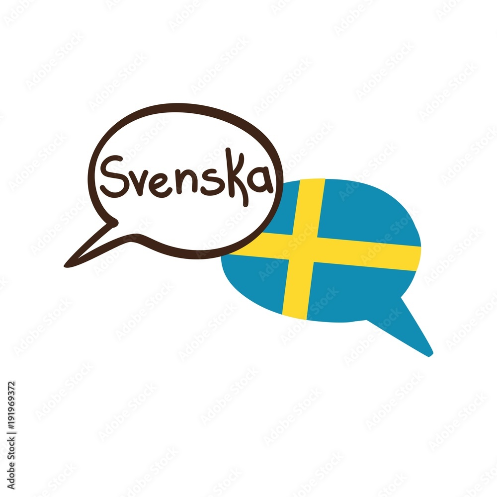Vector illustration with two hand drawn doodle speech bubbles with a national flag of Sweden and hand written name of the Swedish language. Modern design for language course or translation agency. Vector illustration with two hand drawn doodle speech bubbles with a national flag of Sweden and hand written name of the Swedish language. Modern design for language course or translation agency.