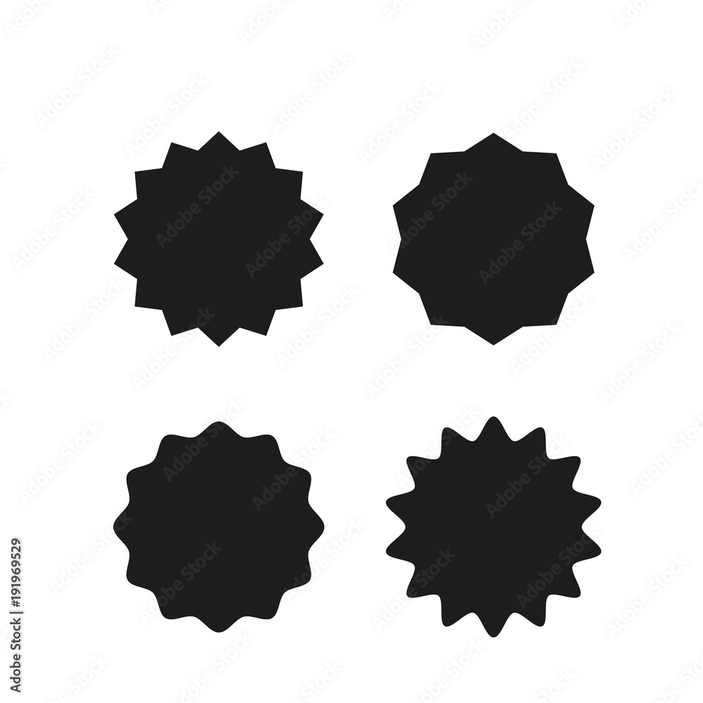 Set of vector starburst, sunburst badges. Black on white color. Simple flat style Vintage  labels, stickers.