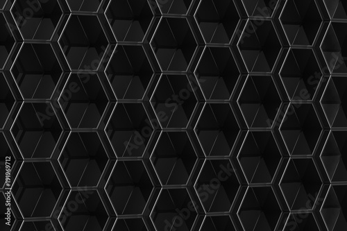 Black hexagon background. 3D illustration
