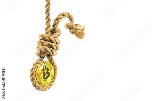 Death bitcoin. Coin bitcoin in the gallows on a white background. Isolated.
