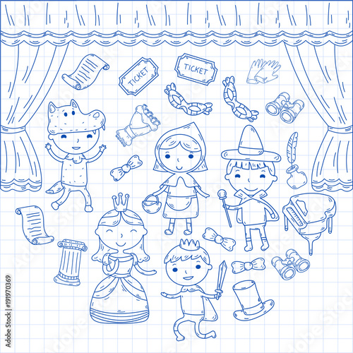 Childrens performance in the theater. Kindergarten musical. School kids playing. Stage, entertaiment, cinema. Little actors