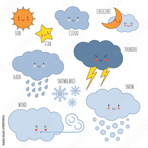 Cartoon weather kids vocabulary vector icons