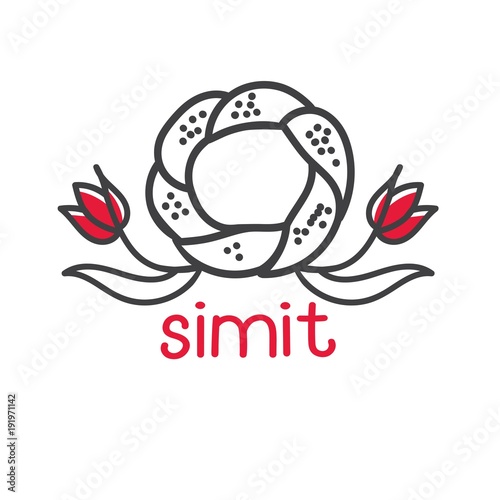 Clear modern vector illustration of famous turkish bagel Simit with red tulips. Hand drawn doodle elements for minimalistic label, logo, badge or card design for cafe, bakery or street food market.