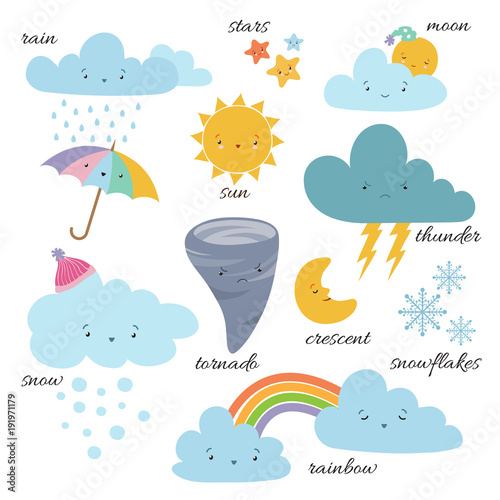 Cute cartoon weather icons. Forecast meteorology vector vocabulary symbols