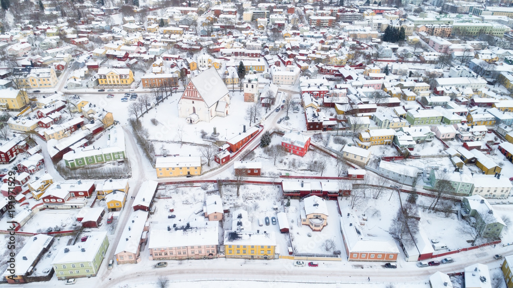 Aerial view of beautiful city Porvoo at winter. Finland.  