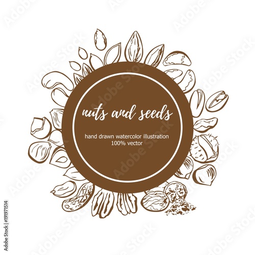 Vector illustration of Nuts and Seeds. Hand drawn doodle objects in circle composition with place for your text. Isolated sketchy elements on brown round label. Package, card, badge, print design.