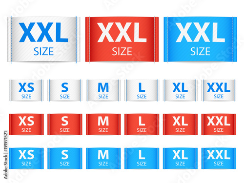 Fabric ribbon tags, clothing label with size vector collection