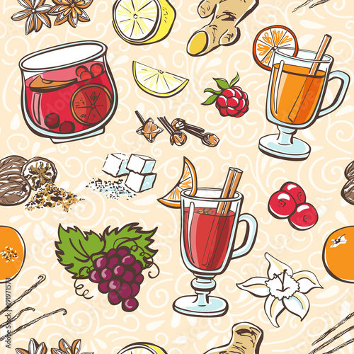 Vector seamless pattern Hot Christmas beverages. Hand drawn doodle objects of glass with grog, mulled wine and fruit punch with ingredients on beige background with neutral white swirls. 