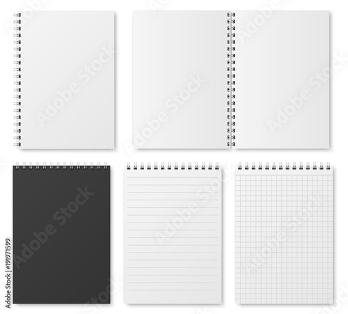 Blank open and closed realistic notebook, organizer and diary vector template isolated