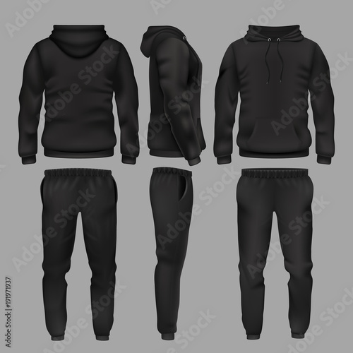 Black man sportswear hoodie and trousers vector mockup isolated