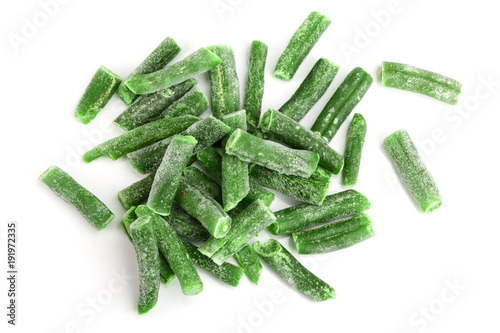 Frozen cut green beans vegetable isolated on white background. Top view. Flat lay