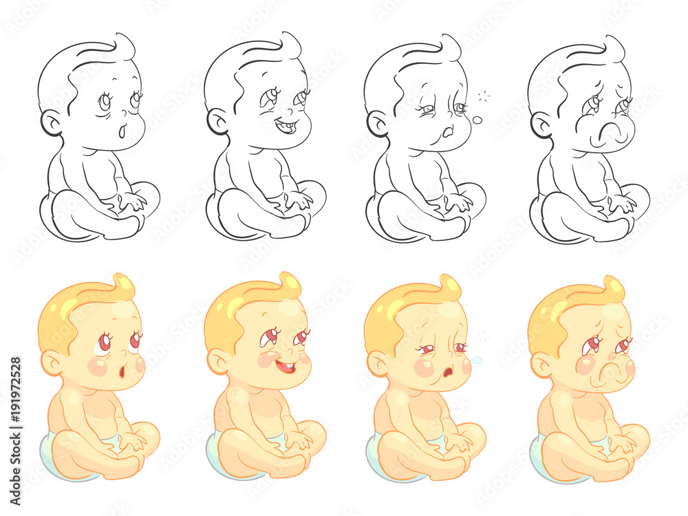 Emotional cute baby coloring page with samples isolated on white background Emotional cute baby coloring page with samples isolated on white background