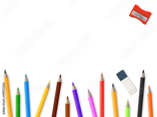 Realistic pencils pencil sharpener eraser background - drawing mockup template design