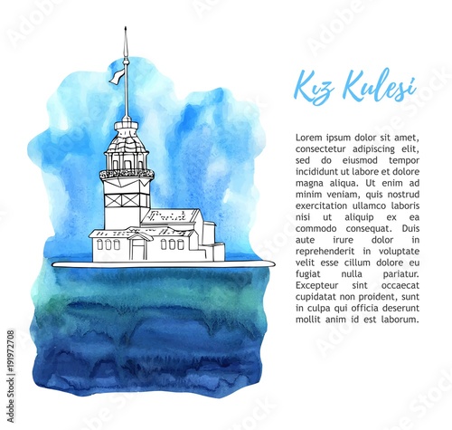 Vector sketch illustration with a silhouette of Maiden Tower in Istanbul. Hand drawn famous turkish landmark with blue artistic watercolor texture and place for text. Isolated black outline on white.