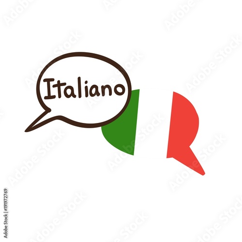 Vector illustration with two hand drawn doodle speech bubbles with a national flag of Italy and hand written name of the Italian language. Modern design for language course or translation agency.