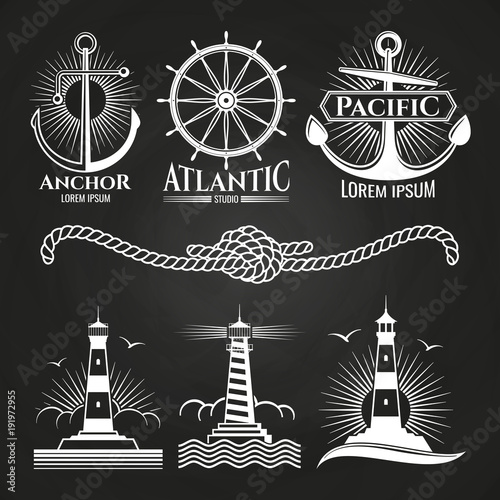 Vintage marine nautical logos and emblems with lighthouses anchors rope