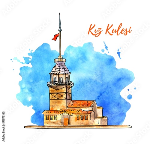Vector sketchy illustration with a black outline silhouette of the Maiden Tower in Istanbul with isolated bright colorful texture on the background. Hand drawn famous turkish landmark.