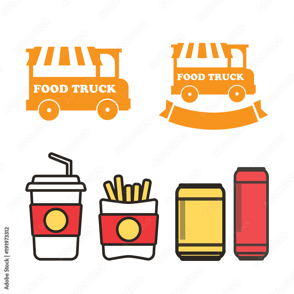 Fast food snacks and drinks flat vector icons. Fastfood icons. Snack bag vector food