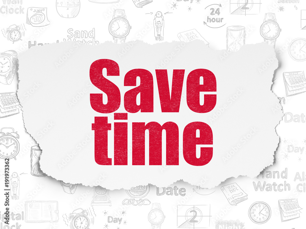Timeline concept: Painted red text Save Time on Torn Paper background with Hand Drawing Time Icons Timeline concept: Painted red text Save Time on Torn Paper background with Hand Drawing Time Icons