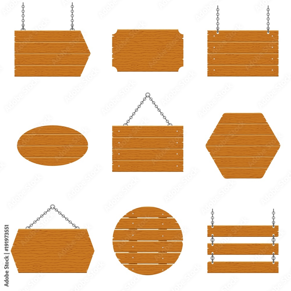 Naklejka premium Wooden signboards and wood plank set isolated on white background. Signs and symbols to communicate a message on street, emblems of signages. Banner template with wood texture. Vector illustration