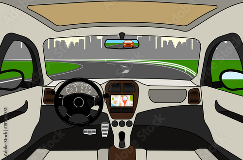 Car on the road, a view from salon.