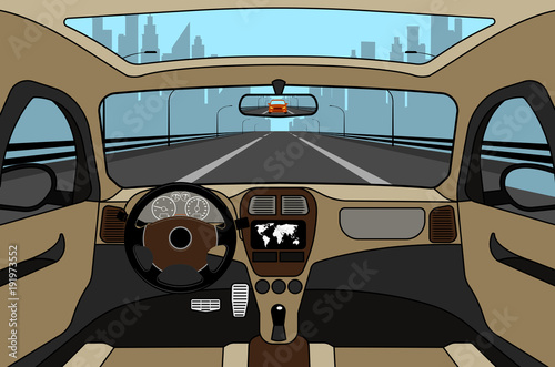 Car on the road, a view from salon.
