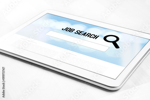 Online job search engine website on tablet screen. Browsing work websites to get hired. Jobseeking on internet. Modern unemployment, hiring and recruitment concept. photo