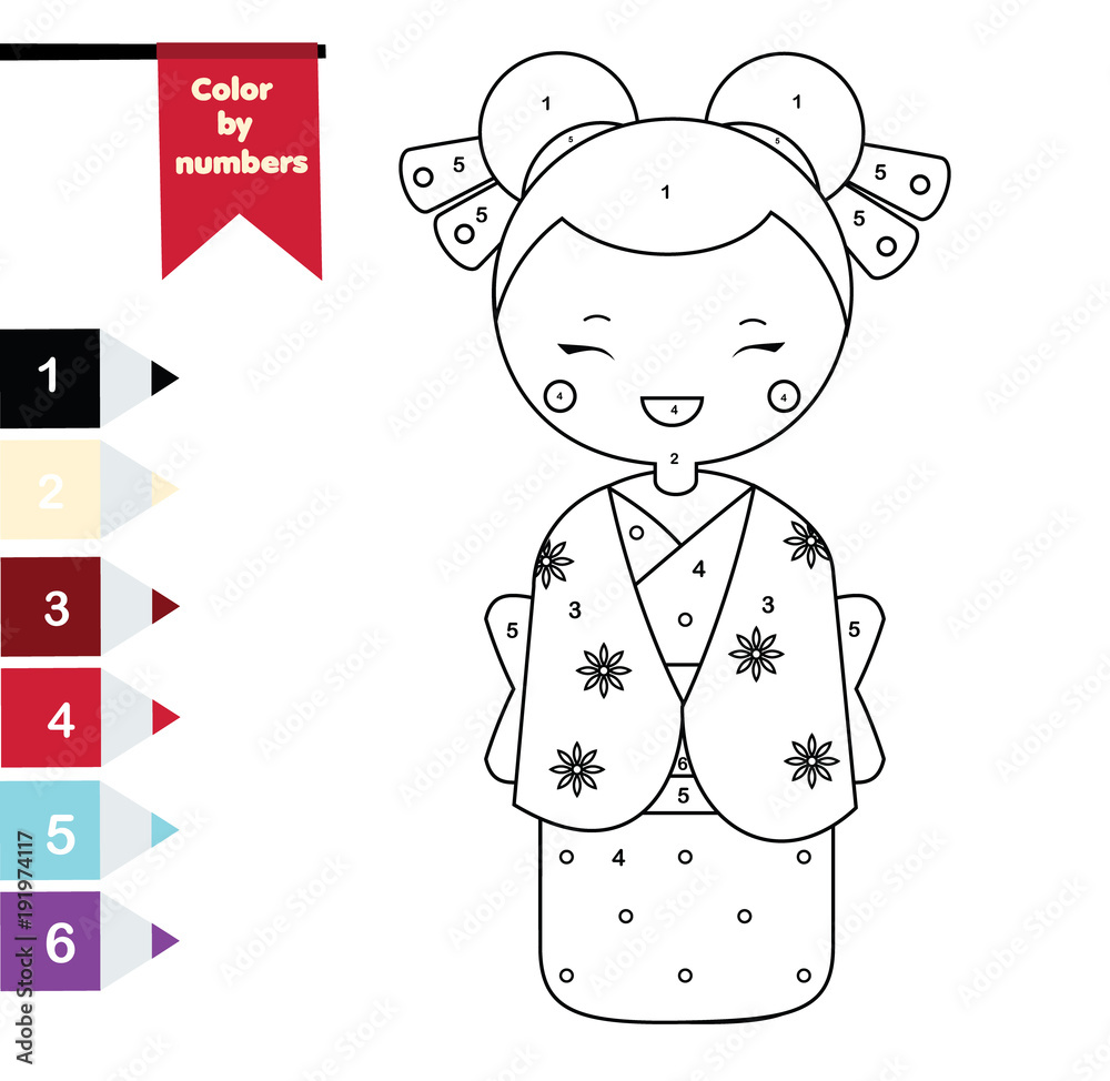 Children educational game. Coloring page with japanese girl in kimono ...