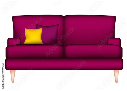 Sofa. Purple. Pillows. Interior. House. Furniture. Design.