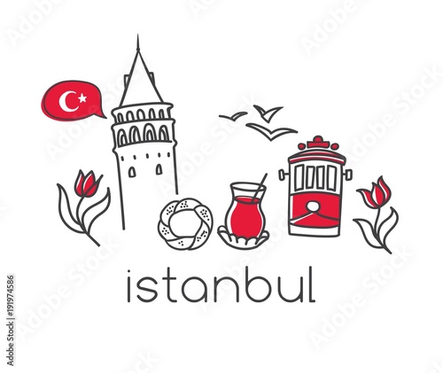 Vector illustration Istanbul with hand drawn doodle turkish symbols: the Galata tower, tea glass, simit, tram, seagull, tulip and a national flag of Turkey. Simple minimalistic design of black outline