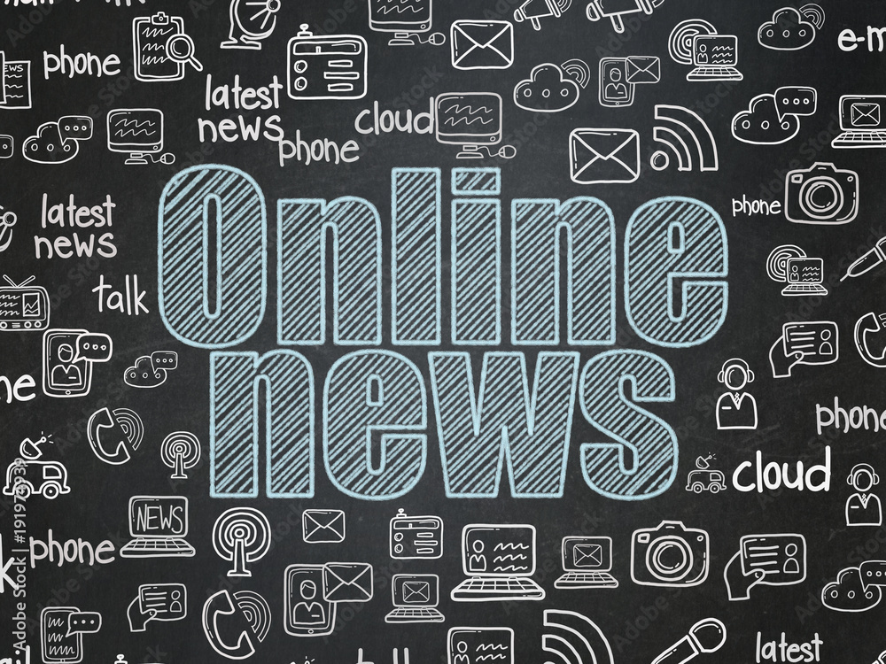News concept: Chalk Blue text Online News on School board background with Hand Drawn News Icons, School Board News concept: Chalk Blue text Online News on School board background with Hand Drawn News Icons, School Board