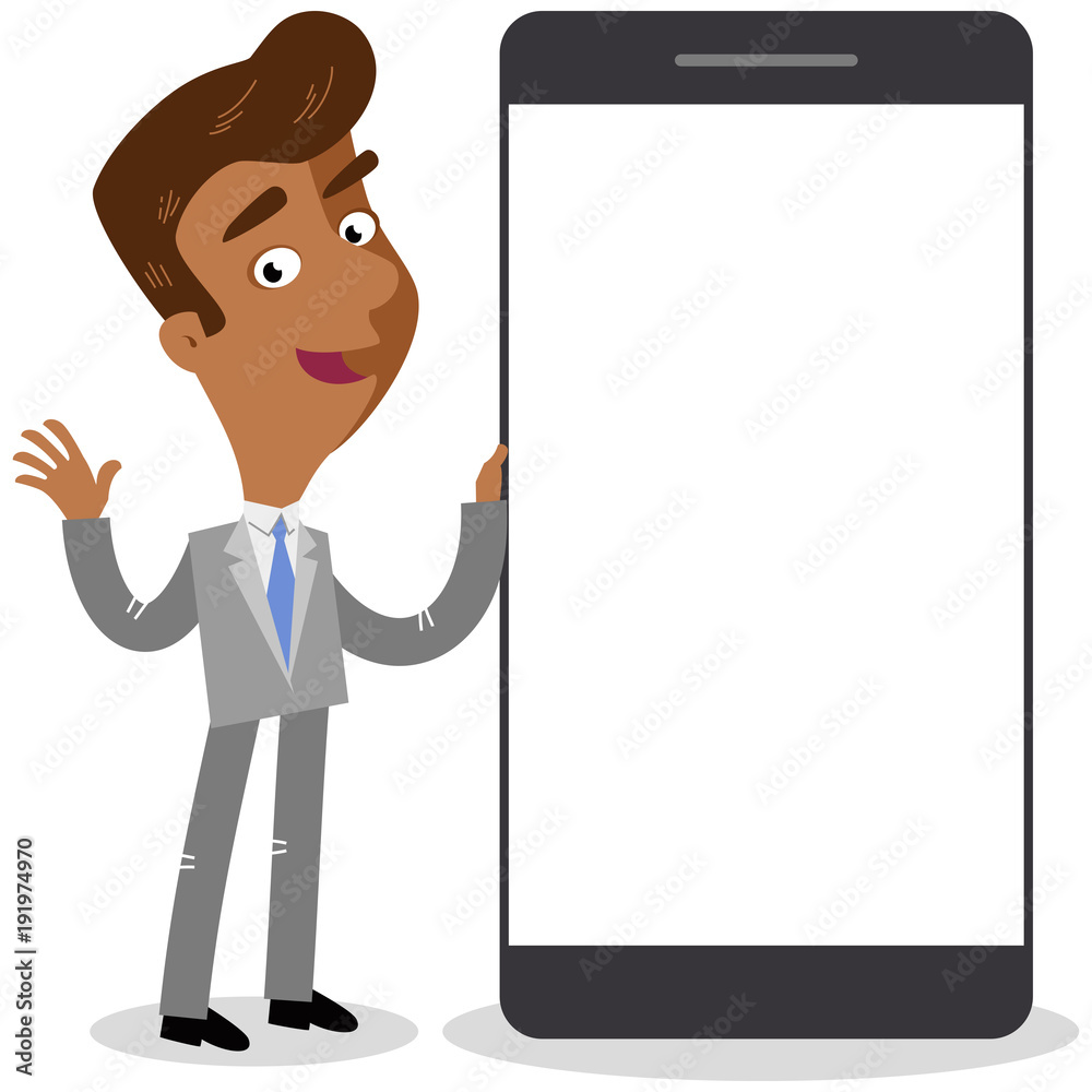 Vector illustration of a happy asian cartoon businessman standing next to giant smartphone isolated on white background Vector illustration of a happy asian cartoon businessman standing next to giant smartphone isolated on white background