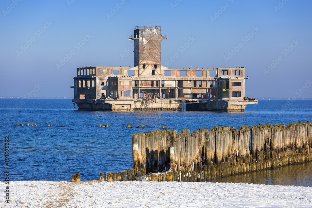 Fototapeta premium World war II torpedo platform at Baltic Sea in Babie Doly, Poland;
