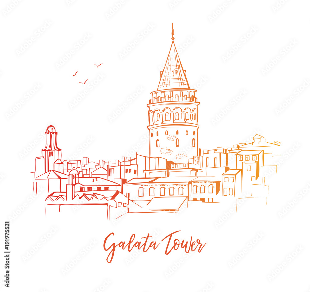 Vector sketchy illustration with a silhouette of Istanbul. Hand drawn famous turkish landmark with red, orange and yellow gradient outline isolated on white background.