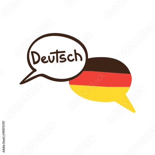 Vector illustration with two hand drawn doodle speech bubbles with a national flag of Germany and hand written name of the German language. Modern design for language course or translation agency.