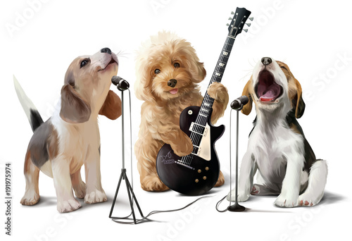 Wall Mural Three dogs musicians watercolor drawing