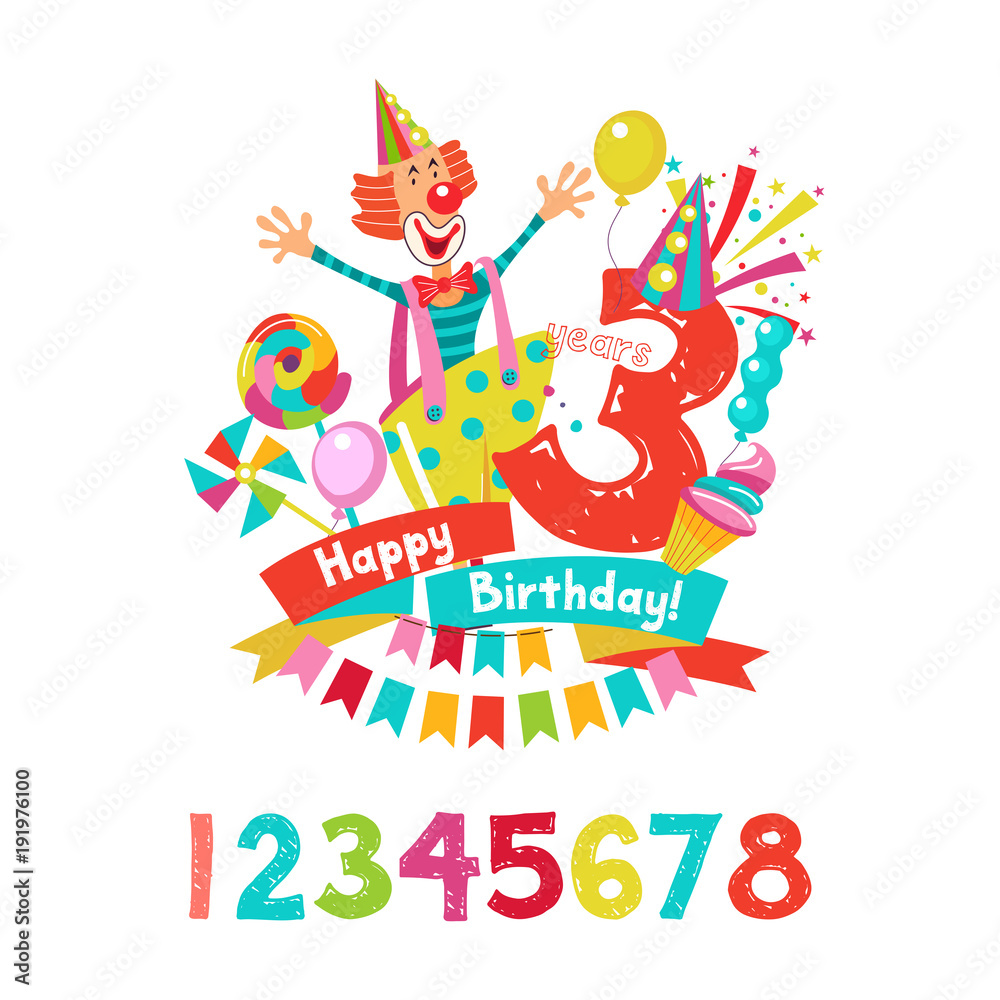 Naklejka premium Happy birthday. The invitation to the birthday in the style of a circus show. Vector illustration.