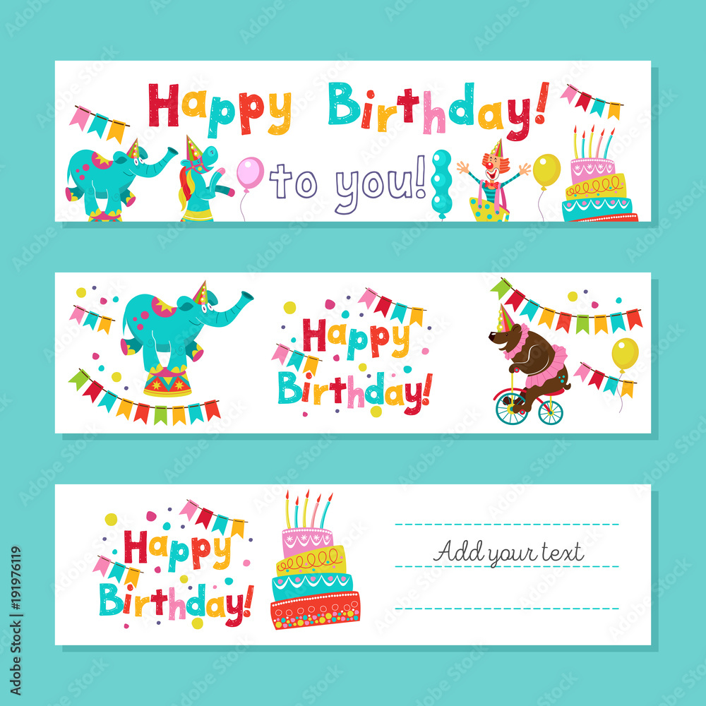 Happy birthday. The invitation to the birthday in the style of a circus show. Vector illustration.